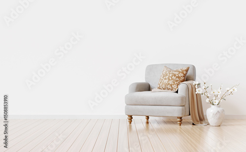 Traditional living room interior with comfortable armchair, plaid, pillow and blooming branches in vase. Empty white wall mockup with free space. Elegant home design. 3d rendering.