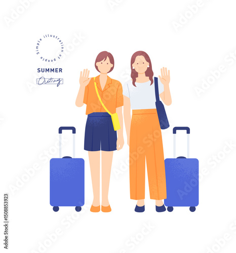 夏の女子旅 手を振る若い女性とキャリーケース 二人組のベクターイラスト素材