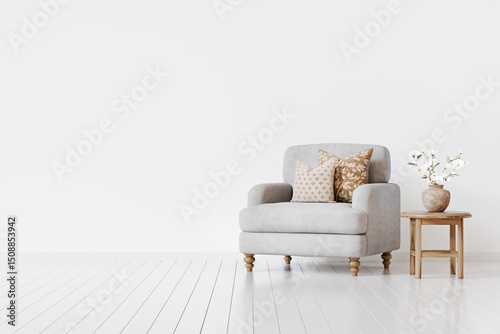 White interior wall mockup with traditional armchair, pillows, side table and blooming flowers in vase. Classical home design. 3d rendering.