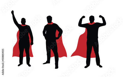 Superman Business Man Silhouettes Different Poses Set. Achievements at work and company management CEO vector art, people and activities