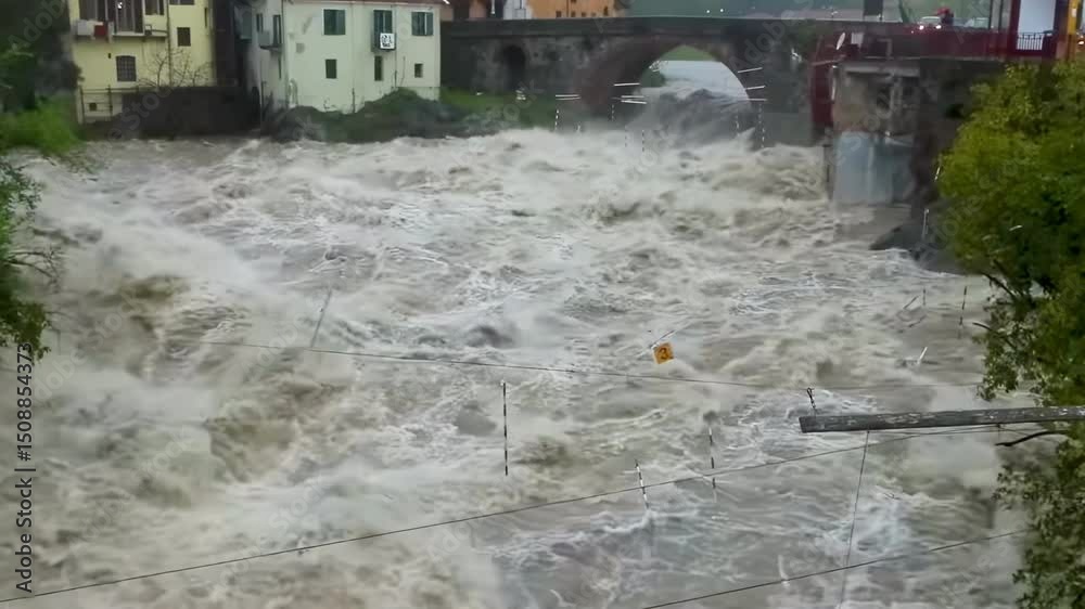Close-up of a river overflowing its banks due to flooding in a city as a result of torrential rains.
