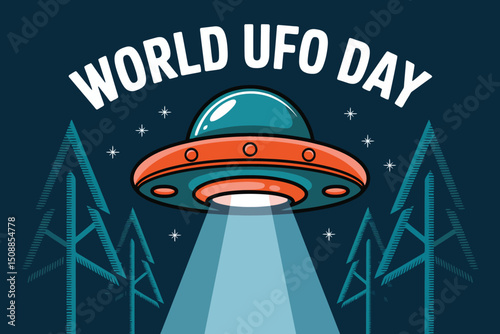 World UFO Day with Spaceship and Forest Scene