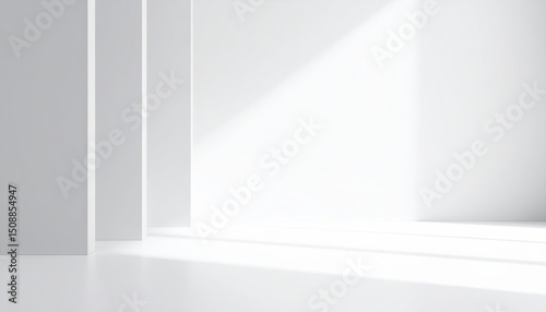 Minimalist white background with soft shadows, ample space for text, modern clean design, bright lighting, abstract architecture, calm and serene atmosphere