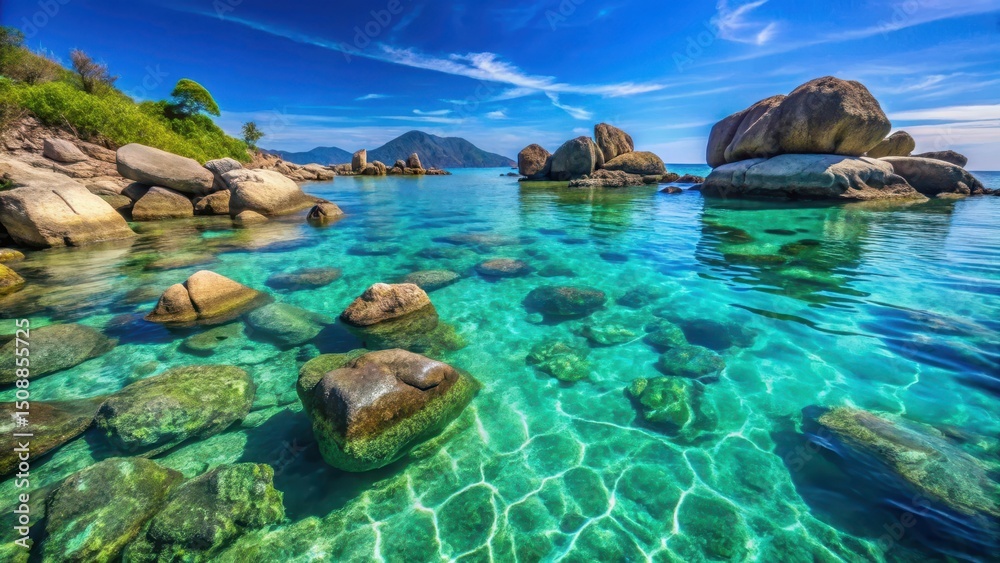 Fototapeta premium Granite boulders submerged in turquoise sea water