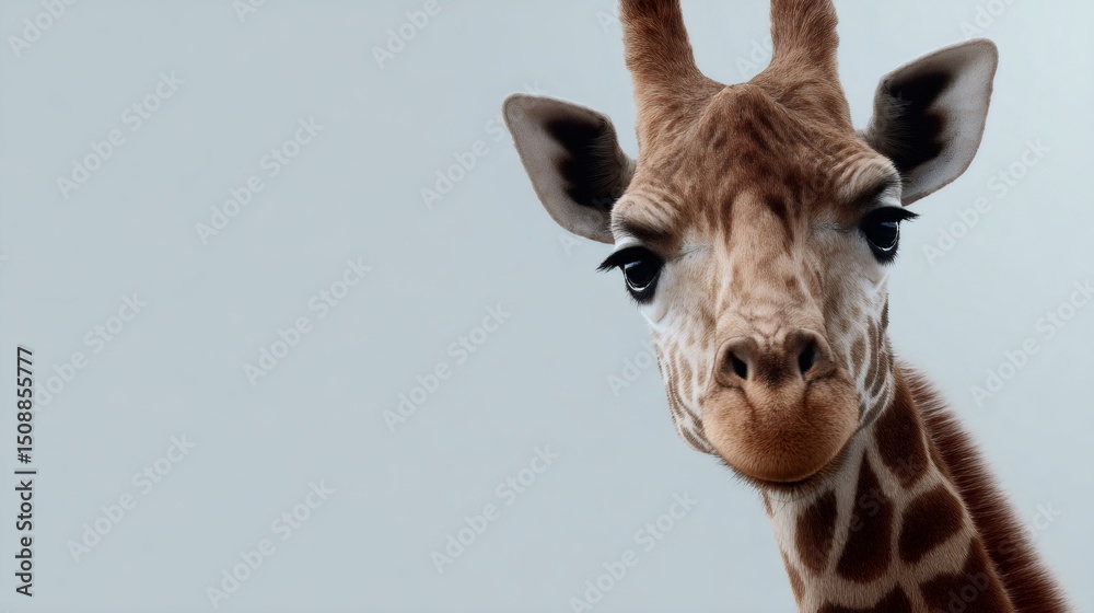 Obraz premium Curious giraffe peeking into frame against soft blue background