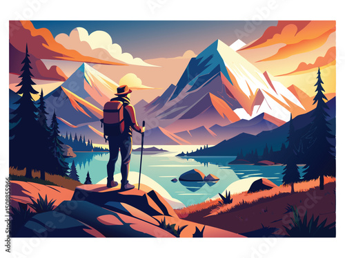 Hiker admiring mountain lake sunset view isolated on white background
