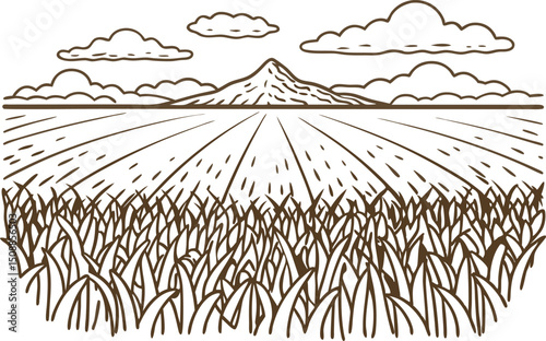 Scenic mountain horizon with cloudy sky and lush field landscape in brown illustration