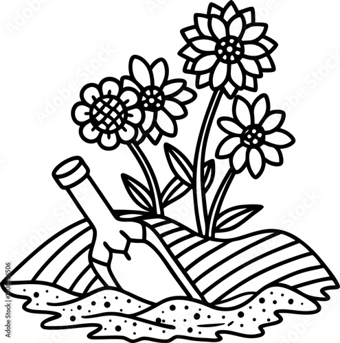 floral themed message in bottle on beach, summer flowers, sea and sand illustration