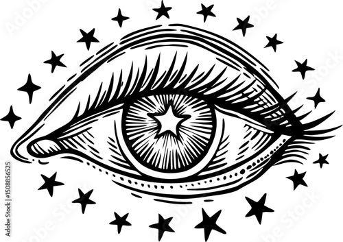 artistic eye surrounded by stars symbol of vision, insight, and mysticism in black and white illustration