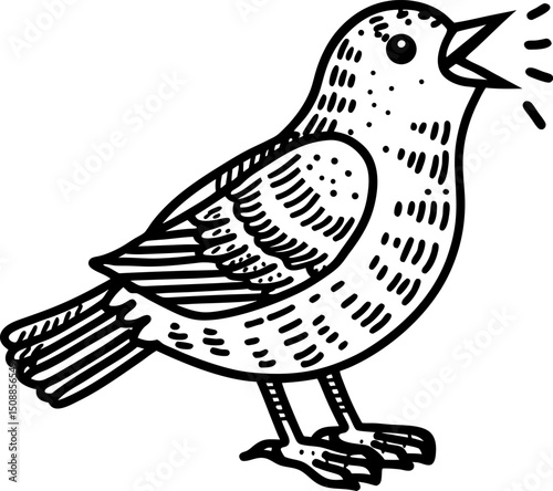 Singing bird illustration black and white line art of a small bird chirping