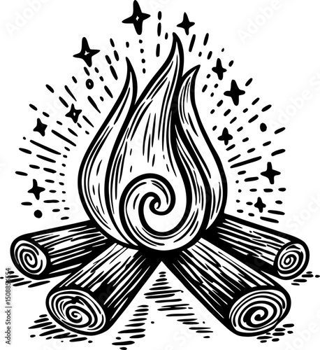 artistic woodcut campfire illustration with logs and sparkling embers in black and white