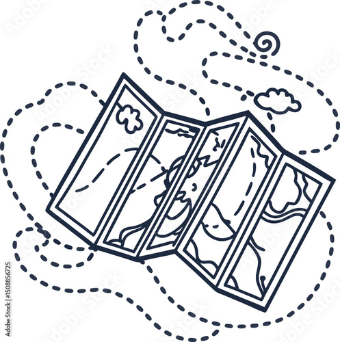 Illustrated map journey with dashed adventure path and clouds