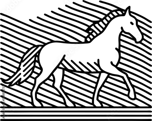 line art of elegant galloping horse against striped background