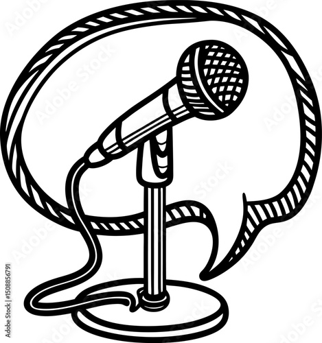 Microphone illustration, speech bubble music, podcasting communication sound, voice, expression