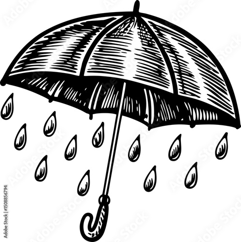 hand drawn umbrella illustration with raindrops weather protection, sketch line art