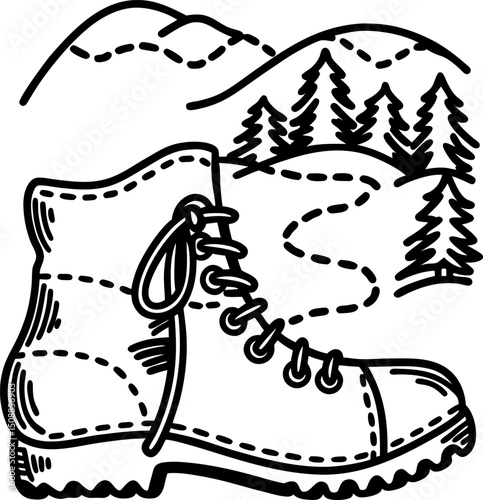 Hiking boot and mountain trail illustration with scenic landscape and trees