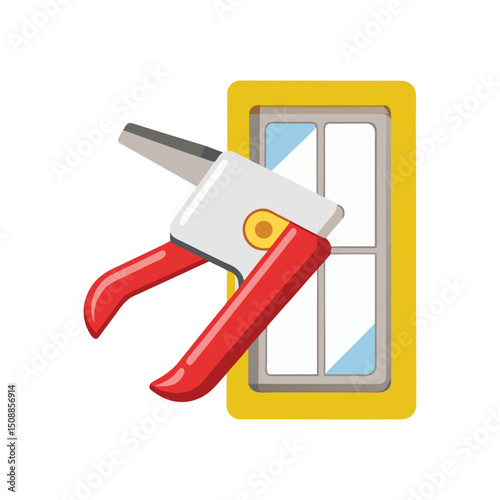 Cartoon illustration of a window with a caulk gun ready for construction and home improvement