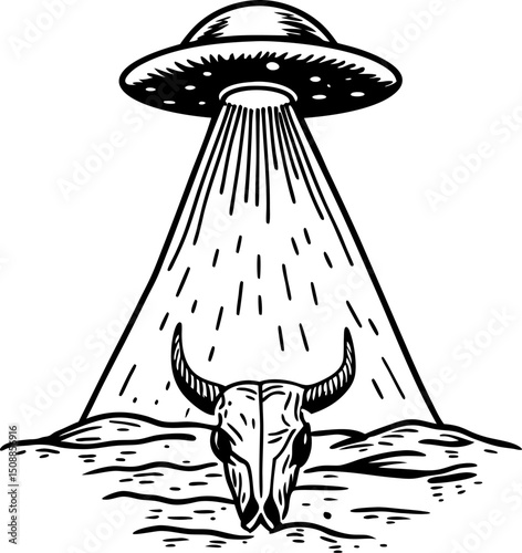 ufo abduction alien ship beaming cow skull in surreal landscape, mystery and sci fi art