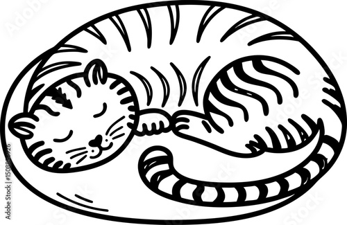 Cute sleeping cat illustration in black and white adorable kitten resting, cozy and calming art