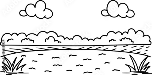 Line art of tranquil landscape with clouds, trees, and a peaceful pond scene