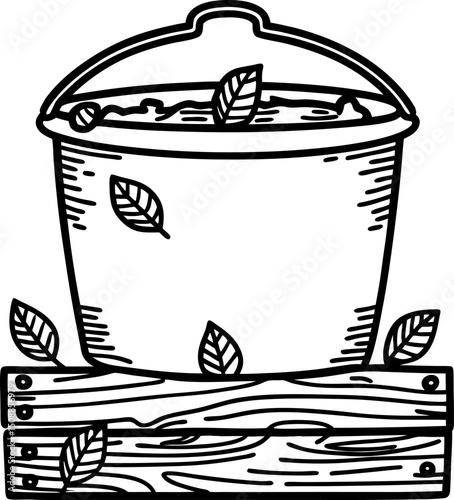 wooden bucket with leaves rustic natural design on wooden planks illustration