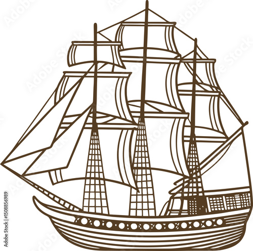 vintage sailing ship illustration with intricate details, brown line drawing on white background