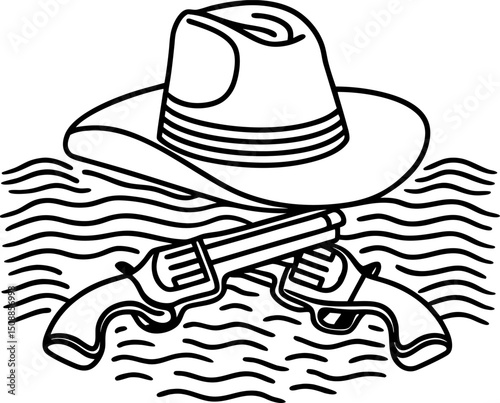 Cowboy hat and crossed revolvers emblem with wavy lines, western illustration