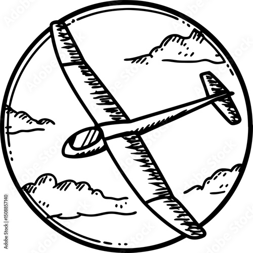 Vintage glider illustration soaring aircraft in the sky with clouds