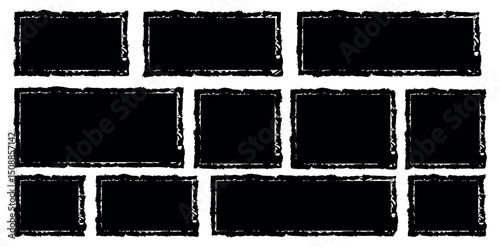 Grunge brush square template backgrounds. Hand drawn rectangular shapes. Dirty grunge design frames. Vintage grunge boxes for collage, text, banner, sticker, poster design.