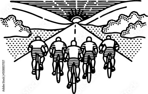 group of cyclists riding towards horizon sunrise on scenic road