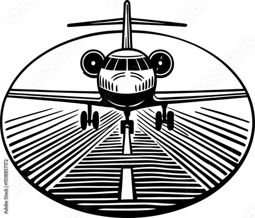Jet airplane landing runway approach, black and white  illustration aviation, travel, transportation