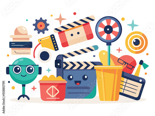 Cute movie night icons collection isolated on white background

