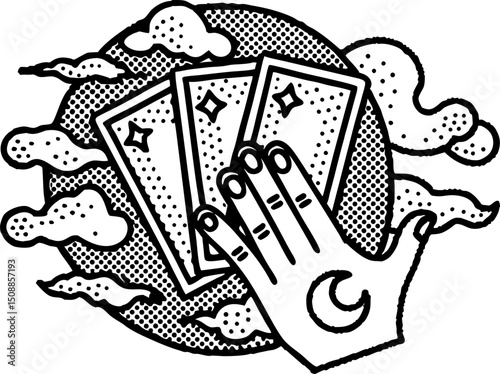 Mystical tarot card reading with hand emblem and celestial elements