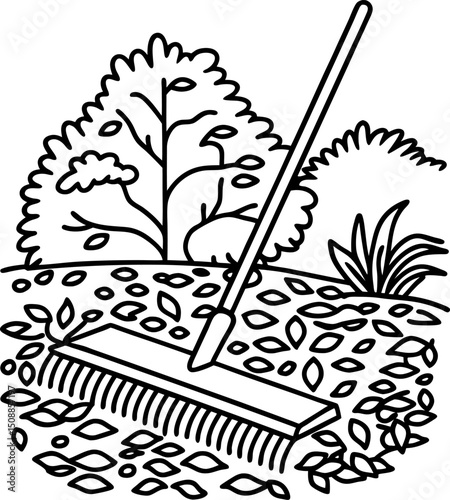 Garden rake clearing leaves in autumn landscape
