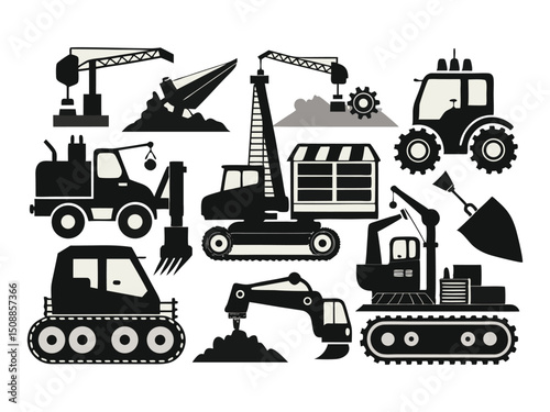 Construction vehicles icons set isolated on white background
