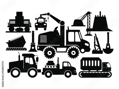 Collection of black construction vehicles isolated on white background
