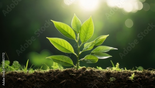 A young green plant sprouts from fertile soil, bathed in bright sunlight, symbolizing growth and renewal in nature.