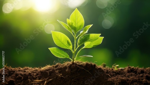 A young green plant sprouts from rich soil, illuminated by sunlight in a lush, natural setting.