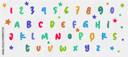Alphabet and Number Crayon Set - vibrant, hand-drawn letters and digits with stars, perfect for kids' educational materials, nursery decor, or playful designs