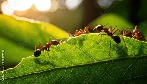 Two ants walk on a sunlit green leaf, highlighting the intricate details of the leaf and the natural environment around them.