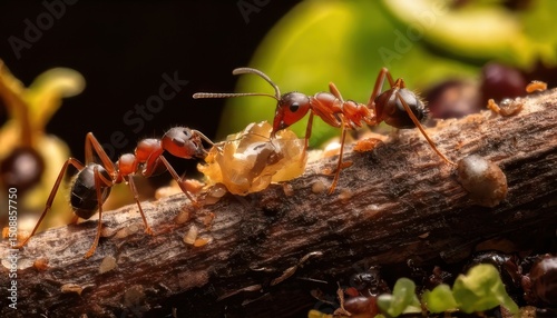 Two ants working together on a branch, gathering food from a natural environment with green and brown tones.