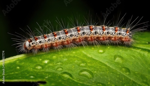 A hairy caterpillar with distinctive patterns crawls on a dewy green leaf against a blurred dark background.