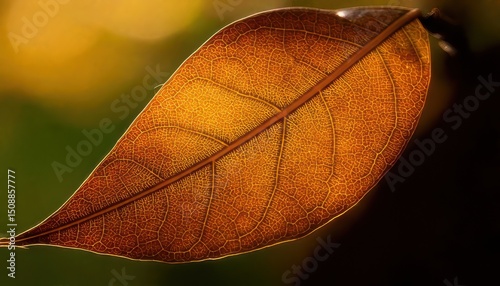 Close-up of a single autumn leaf with vivid orange veins and a blurred green-yellow background.