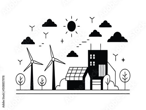 Eco friendly cityscape with wind turbines and solar panels isolated on white background
