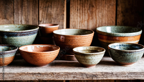 A collection of handmade ceramic bowls arranged on a wooden shelf