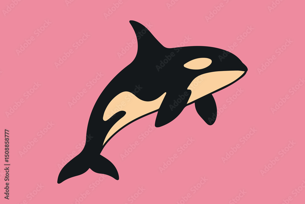 Fototapeta premium Cute Minimal Orca Illustration on Pink Background – Flat Killer Whale Art for Kids Room, Modern Marine Animal Decor, Bold Graphic Ocean Wildlife Design, Smiling Black and White Cartoon Whale