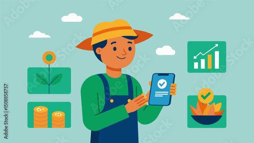 A farmer uses a mobile app to track their inventory of seeds and fertilizer alerting them when supplies are running low and recommending the most costeffective purchasing options.. Vector illustration