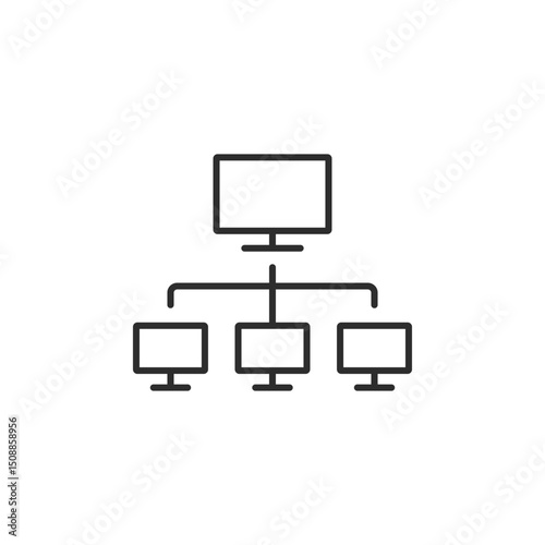 This icon symbolizes a strong work safety network with a central computer linked to multiple workstations, highlighting the importance of connectivity and communication for a safe workplace