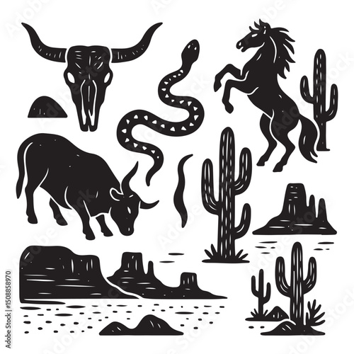  Linocut western boho set vector, Texas desert engraving print collection, vector canyon wildlife, cactus. 
Texture grunge Arizona rodeo graphics, bull, horse, snake, skull silhouette