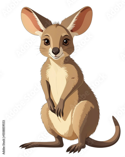 Cute flat wallaby standing with big ears and little paws. Full body cartoon. Transparent background PNG.